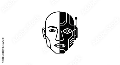 A minimalist vector graphic illustration of a humanoid robot face with a robotic circuit design