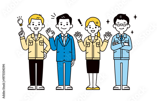 トラブルが解決する、社長と工場勤務の男性従業員と女性事務員の全身ベクターイラスト素材セット