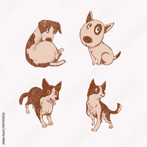 A playful set of hand-drawn cartoon, kawai dogs in various poses and expressions, line art and soft earthy colors vector illustration. Pet animal collection isolated on white background.