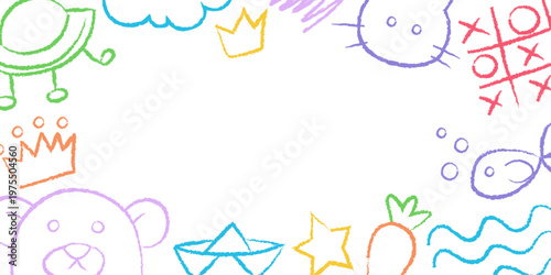 Cute kids doodle background with colorful hand drawn kindergarten elements. Naive childish scribbles frame, border with crayon texture.