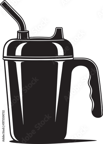 Black sippy cup vector illustration, toddler training mug with straw and handle, spill-proof baby drinking cup icon for childcare and parenting