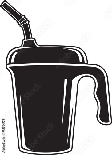 Black silhouette of a plastic sippy cup with handle and straw, toddler training cup vector icon, spill-proof baby drinking mug illustration