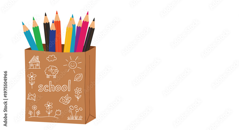 Fototapeta premium Collection of multi-colored pencils stands inside brown paper bag decorated with white chalk style school theme drawings.