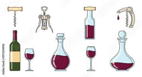 Set of wine related items including different bottles full glasses decanters and various types of manual corkscrew openers.
