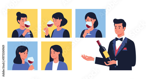 Various people enjoy wine tasting session with professional waiter in tuxedo presenting a bottle of premium red wine.