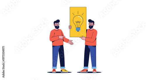 Two identical men in orange shirts hold large yellow board featuring a glowing lightbulb symbol representing a great idea.