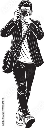 Vintage photographer vector illustration, stylish man with digital camera and messenger bag, professional male photographer character icon