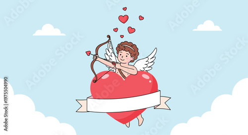 Little cupid sits on large red heart and aims his bow and arrow while floating among clouds and smaller hearts.