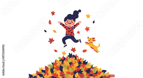 Excited young girl jumps joyfully into large pile of colorful autumn leaves with her happy dog in backyard garden.