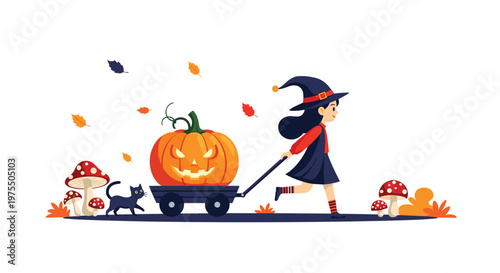 Little witch character in a pointed hat pulling a wooden wagon with a large jack o lantern through an autumn field.