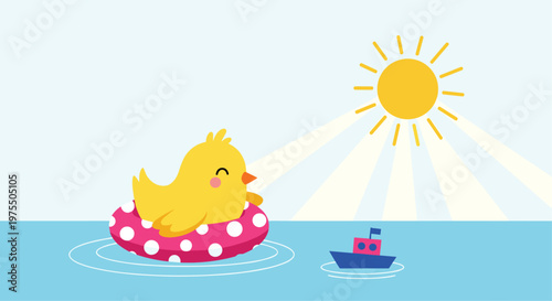 Cute little duckling floating on a pink polka dot inner tube in the blue ocean water under a bright summer sun.