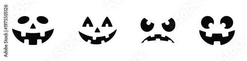 Halloween pumpkin face icons set with various emotions. black silhouette spooky jack o lantern expressions. Minimalist ghost character stickers. Vector Illustration.
