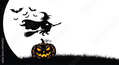 Dark silhouette of a witch flying on a broom over a carved pumpkin and bats against a massive bright full moon.