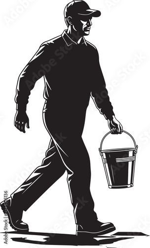 Vintage woodcut style worker walking with bucket, black and white laborer silhouette vector, industrial maintenance man in cap and uniform