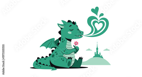 Cute green dragon breathing out heart shaped smoke while sitting in a field with a castle in the far distance.
