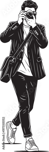 Professional photographer vector illustration, man taking photo with digital camera, stylish male videographer with shoulder bag in hand drawn sketch style