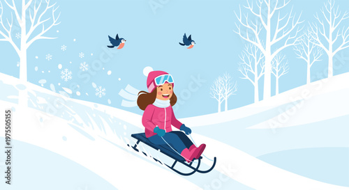 Happy girl in a winter jacket sledding down a snowy hill with birds flying in the sky during a cold winter day.