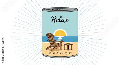 Sun sets over a peaceful beach with a lounge chair inside a tin can labeled relax, surrounded by sunbeam rays.