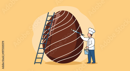 Professional chef paints delicate white lines on a giant chocolate easter egg using a brush while standing on the ground.