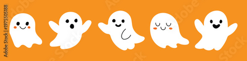 Cute ghost character set with different emotions on orange background. Funny Halloween spirit collection with happy, surprised, and sleeping faces. Kawaii spooky mascot. Vector Illustration.