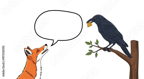 Clever fox looks up and speaks to a black crow perched on a tree branch holding a piece of cheese in its beak, against white.