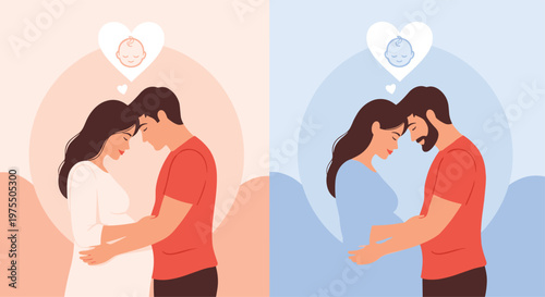 Two panels show a pregnant woman and a man in a tender embrace, thinking about their unborn baby in pink and blue.