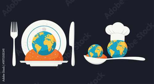 Creative concept shows the earth served as a meal on a plate and in a spoon held by a chef hat to highlight world issues.