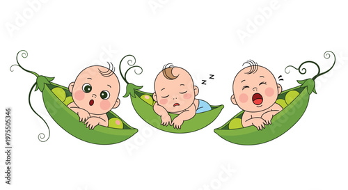 Three cute babies with different expressions peek out from green pea pods, representing siblings or close friends.