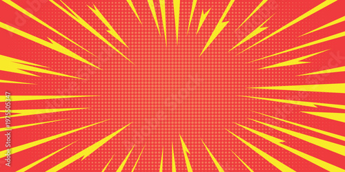 Comic book zoom background with yellow sunburst rays and halftone dots on red. Vector manga speed lines and explosive pop art blast effect for action scene. Vector Illustration.