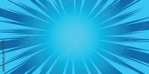 Blue comic book zoom background with sunburst rays and central halftone dots. Vector manga speed lines and explosive pop art blast effect. Vector Illustration.