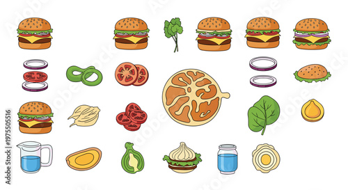 Comprehensive collection of burger ingredients including buns, patties, lettuce, tomato, onion, and fully assembled cheeseburgers.