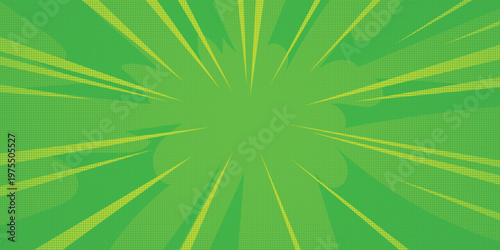 Comic book zoom background with green sunburst rays and halftone dots. Vector manga speed lines and explosive pop art blast effect. Minimalist retro superhero frames backdrop. Vector Illustration.