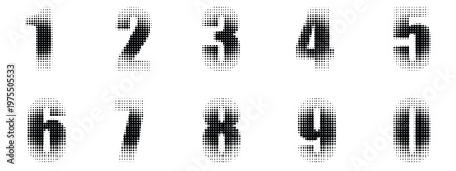 Halftone dotted numbers set from zero to nine with gradient effect. Vector black dots numeric digits for countdown, scoreboards, and modern digital graphic design. Vector Illustration.