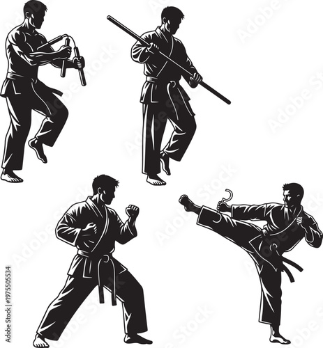 Martial arts silhouette set with karate fighters. Japanese warrior icons in combat poses. Black and white vector collection of 4 martial arts masters.