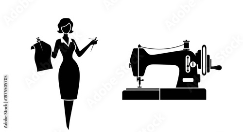 Vintage silhouette of a seamstress with sewing machine and garment
