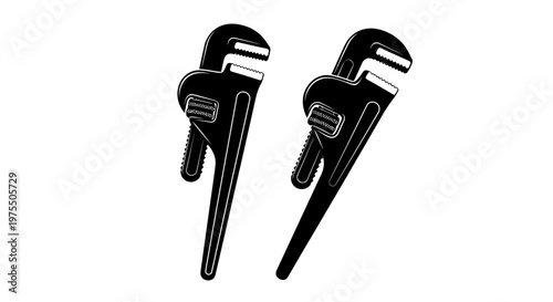 Two adjustable pipe wrenches displayed in a stark black and white composition