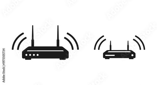 Black and white illustration depicting two wireless routers with signal waves