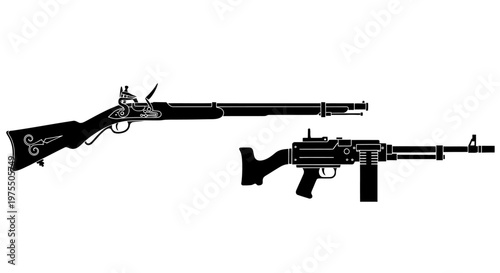 Two antique firearms a rifle and a submachine gun in silhouette