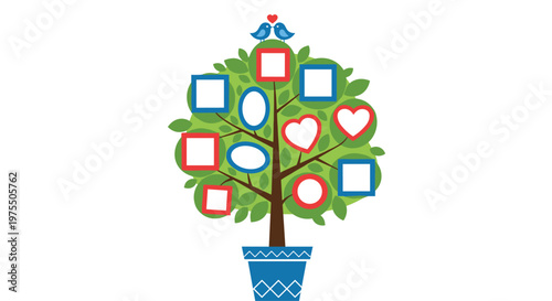 Green family tree planted in a blue pot features multiple blank frames in square, oval, and heart shapes for personal photos.