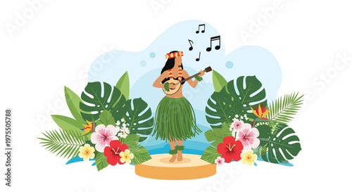 Traditional hula dancer in a grass skirt plays a ukulele on a stage surrounded by colorful tropical flowers and large green leaves.