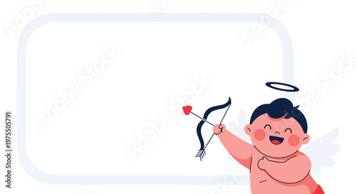 Joyful little cupid with black hair and a halo holds his bow and heart-tipped arrow next to a large blank rounded frame.