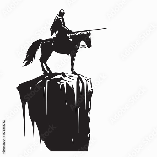 Horse Warrior on Cliff Edge Scouting Enemy Silhouette Vector Illustration