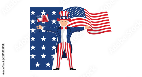 Iconic uncle sam character stands proudly with arms wide in front of a blue star patterned block and a waving american flag.