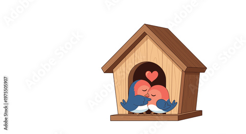 Two small blue and red birds share a sweet kiss inside their wooden birdhouse with a pink heart floating above them in a romantic scene.