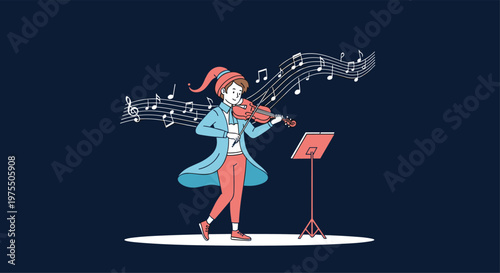 Talent musician in a blue long coat and red hat plays a violin on stage accompanied by floating musical notes during a show.