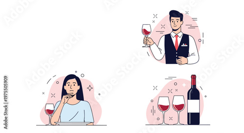Set of professional wine themed illustrations featuring a woman thinking over a glass and a man in a vest presenting red wine bottle.