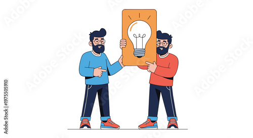 Two professional men collaborate by holding up a large yellow sign featuring a bright light bulb to represent a new idea.