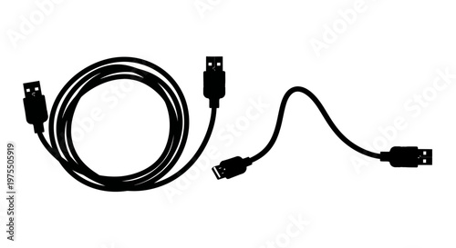 Black and white illustration of a coiled usb cable with connectors