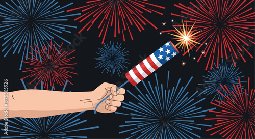 Hand holds a lit firework rocket decorated with american flag stars and stripes against a dark sky with colorful explosions.