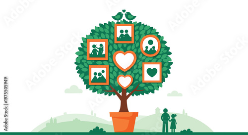 Elaborate family tree in a terracotta pot displays framed photos of relatives while a small silhouette couple stands below.